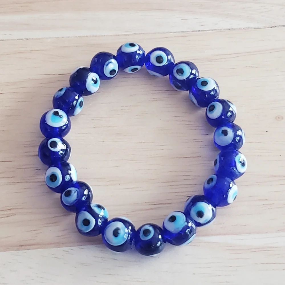 Glass Blue Evil Eye Stretchy Beaded Bracelet